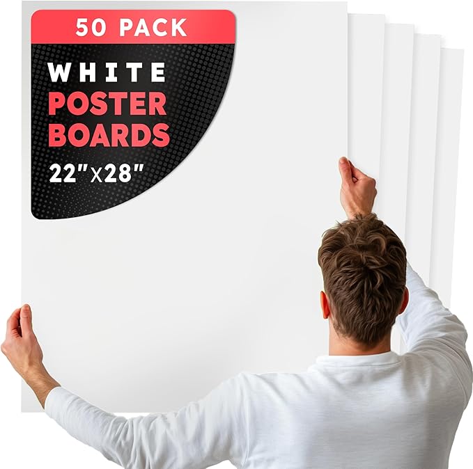 Hygloss Large Poster Board 22x28 - 50 Poster Boards Bulk Pack - 10 Pt. Thickness White Poster Board Paper for Projects, Presentations, Displays, Signs, Crafts - Blank Posterboard Multipack 22" x 28"