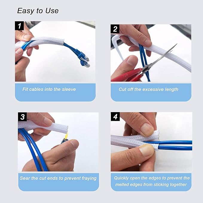 CrocSee 10ft - 1/4 inch Braided Cable Management Sleeve Cord Protector - Self-Wrapping Split Wire Loom for TV/Computer/Home Theater/Engine Bay - White