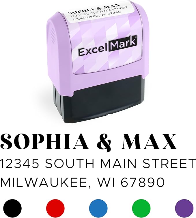 ExcelMark Address Stamp - Custom Return Address Stamp with Elegant Designs, Vibrant Colors & Patterns – Perfect for Mail, Invitations & Gifts (Violet Mount, The Statement)