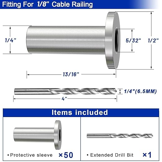 Steel DN Mate 120 Pack Stainless Steel Protector Sleeves for 1/8" Wire Rope, Cable Railing Hardware for Deck/Cable Railing System, T316 Marine Grade, Cable Sleeves Come with a Drill Bit DE100
