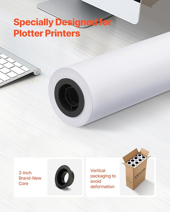 VEVOR Wide Format Paper, 24 in x 150 ft Plotter Roll, 8 Rolls CAD Bond Rolls with 2 in Core, 20 LB Bond Paper Rolls, Ideal for CAD Drawings, Engineering Plans, GIS Maps, and Architectural Designs