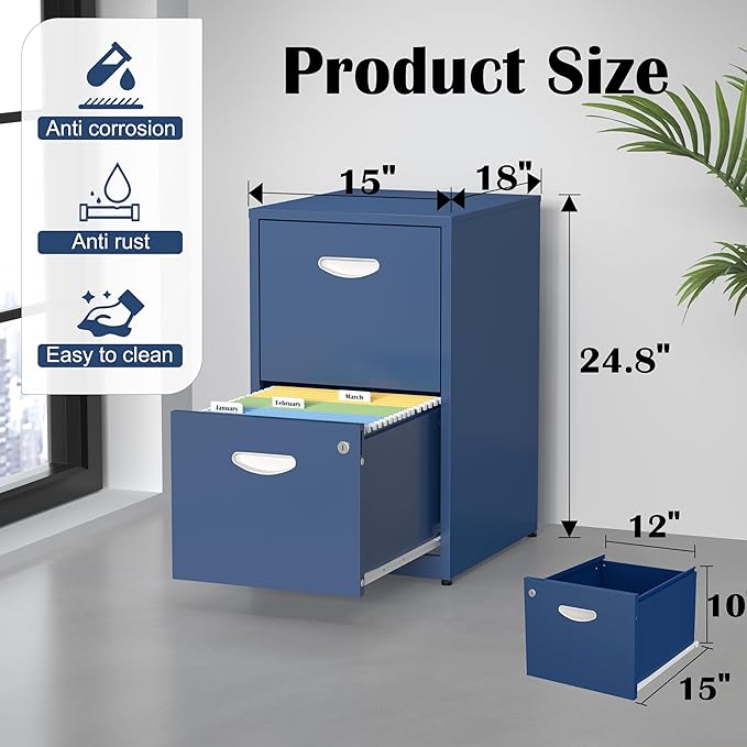 SteeLoong 2 Drawer File Cabinet with Lock,Blue Metal Office Drawers Filing Cabinets for Home Office, Two Drawer Under Desk File Cabinet for Hanging Letter,Easy Assemble