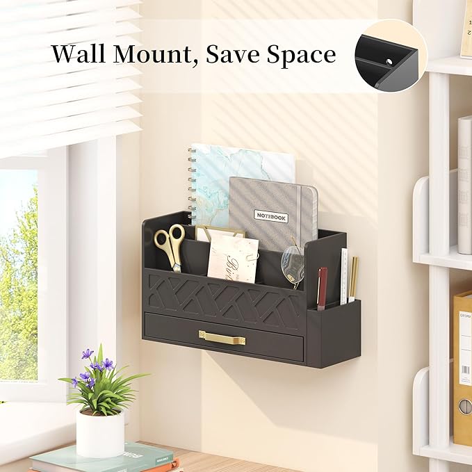 Wisuse Desk Mail Organizer with Drawer - Bamboo Wooden File Bill Sorter Storage Box for Desktop, Letter Countertop Holder for Home Office School Organization Tabletop Accessories Supplies (Black)