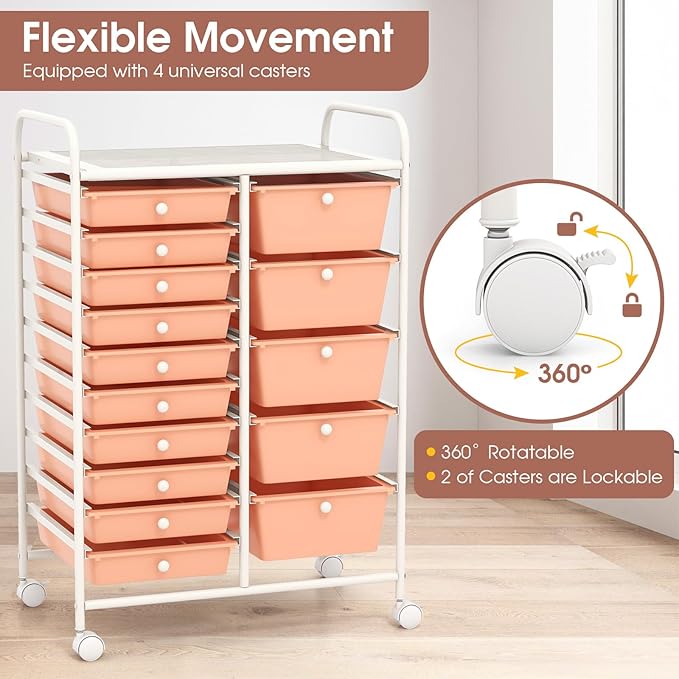 COSTWAY 15-Drawer Rolling Storage Cart, Mobile Utility Cart with Heavy-duty Frame & Lockable Wheels, Multipurpose Storage Organizer for Tools, Paper, Home, Office, School, Peach