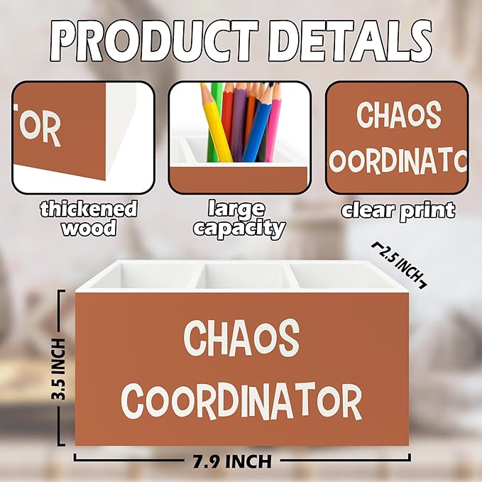 XPH Chaos Coordinator Orange Pen Pencil Holder Organizer for Desk, Thank You Gifts for Women Men Coworkers Boss Leader Manager, Appreciation Gifts Wooden Box Sign for Office Tabletop Decorations