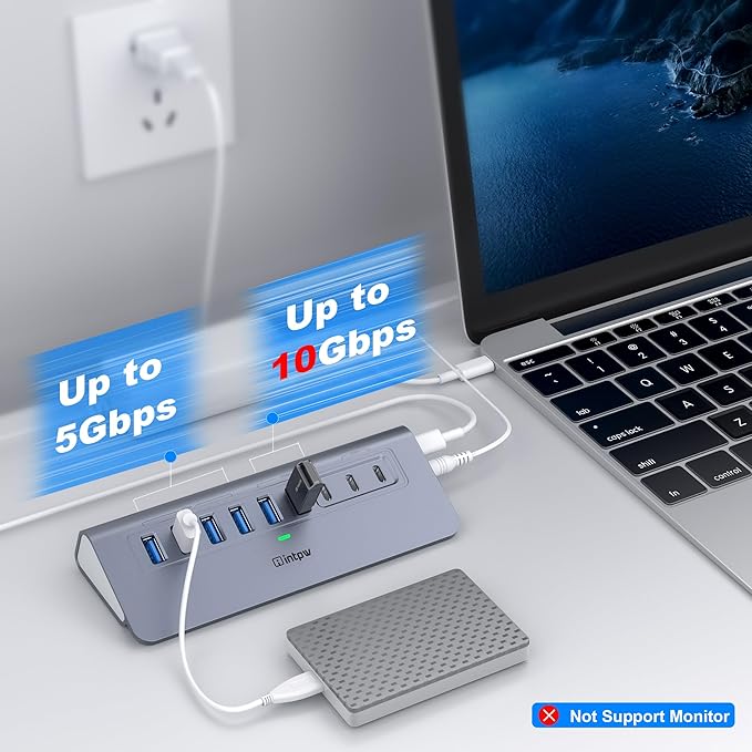 YH6AC Powered USB Hub 10Gbps, intpw 9-Port USB Splitter with USB A/USB C 3.2, 4 USB 3.0, 2 PD 45W Charging Ports, 65W Power Adapter + 3.3FT Cable, Aluminum USB Extender Hub for Laptop, PC,iPhone 17/16
