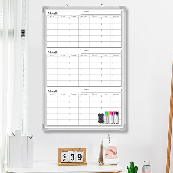 Lincia 36" x 24" Magnetic Vertical 3 Month Dry Erase Calendar for Wall Undated Horizontal Dry Erase Wall Calendar Planner Aluminum Frame Whiteboard for Home Office Projects Wall Fridge