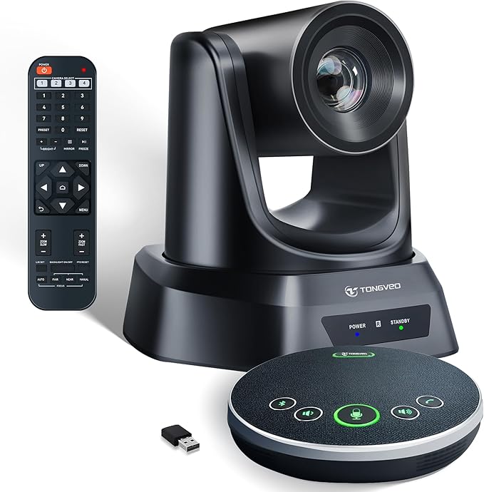 TONGVEO HDMI 20X Optical Zoom PTZ Conference Room Camera System, 1080P 60fps USB3.0 Computer Camera with Microphone & Bluetooth Speakerphone, Easy Setup for Church & Meetings