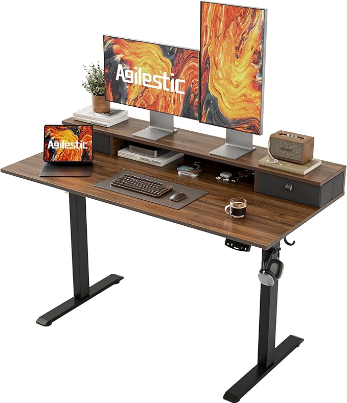 Agilestic 48 x 24 Inches Electric Standing Desk with 2 Storage Drawers, Adjustable Height Sit and Stand Computer Table with Splice Board, Dark Walnut