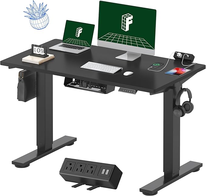 FLEXISPOT EN2 Whole-Piece Standing Desk with Clamp Power Strip, 48x24'' Electric Stand Up Height Adjustable Desk with Cable Management (Black Frame + 48" Black Table Top)