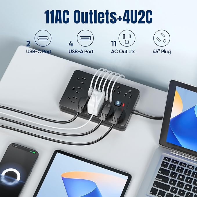 JouleLoom 10 FT Flat Plug Surge Protector Power Strip,11 Multiple AC Outlets with 6 USB Ports (2 USB C), 10 Feet Extension Cord, 1250W/10A, One Touch Switch Button, 17 in 1 Compact powerstrip