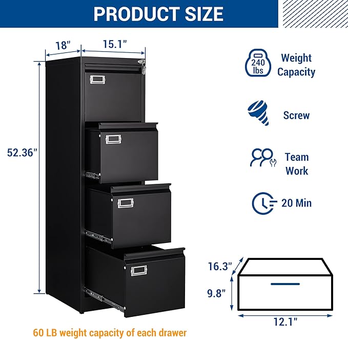 Fesbos File Cabinet - 4 Drawers Vertical 17.8" Deep Lockable Filing Cabinet Black Metal Storage Cabinets for Home Office to Hanging Files Letter/Legal/F4/A4 Size