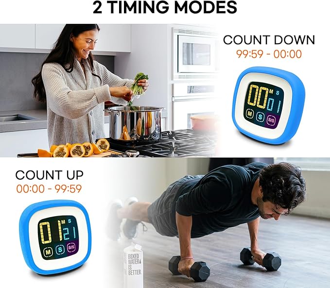 CREAVIVA Digital Kitchen Timer, Countdown, Countup, Protective Rubber case, Large Display with Color Bold Digits, Touch Control, Backlit, Magnetic Kickstand, Loud Alarm, Auto Memory (Sky Blue)