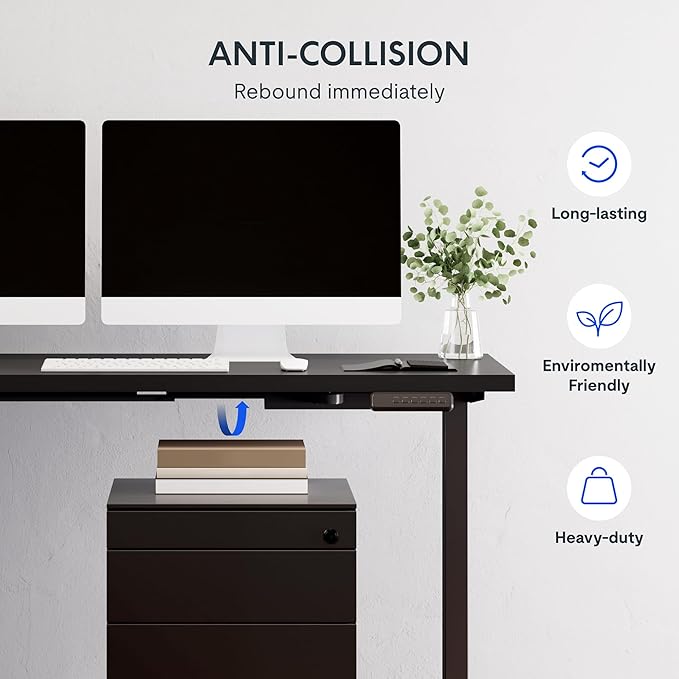 FLEXISPOT L Shaped Standing Desk, 63 x 47 Inch Electric Height Adjustable Corner Desk, Sit Stand Computer Workstation, Preset Controller, Home Office, Black Frame with Black Top, Black Drawer