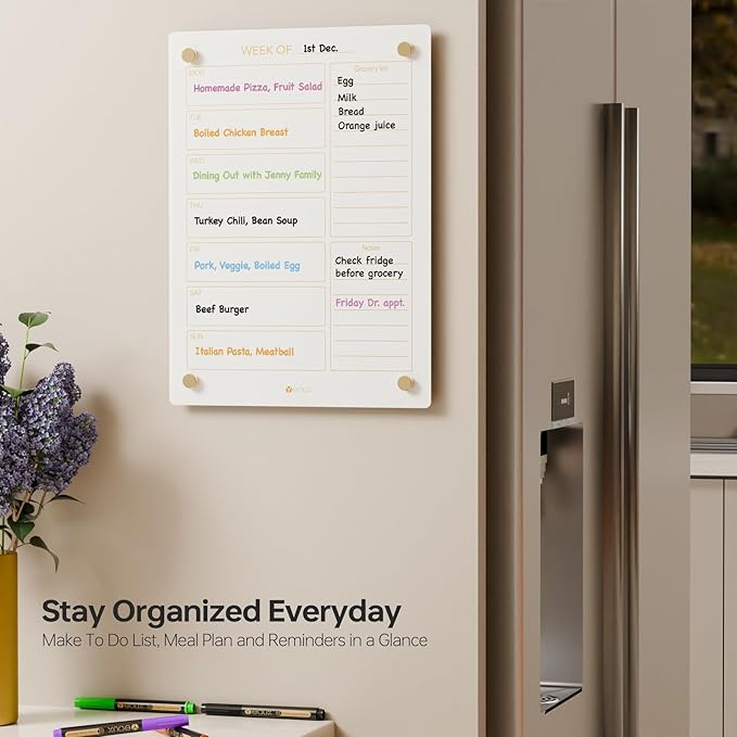 Glass Golden Weekly Dry Erase Calendar & Menu Whiteboard for Wall, Meal Planning & Grocery Shopping List White Board for Kitchen, 15x11, 7 Days Planner for Home, 4 Wet Erase Markers Included, Yeoux*