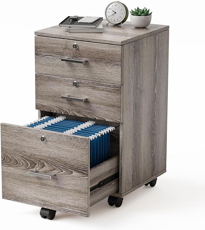 VINGLI 3-Drawer File Cabinet with Lock, Wood Rolling Filing Cabinets for Home Office, Mobile Printer Stand, Under Desk File Organizer for Letter Sized Files, 26" H(Caster Included),Gray Oak