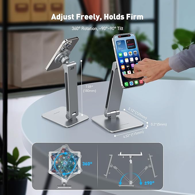 AboveTEK 2-in-1 Phone & iPad Stand, Magnetic iPad Stand with Clamp, Aluminum Tablet Holder for Desk, 360 Rotation, Suction Base, Professional for Office, Fit for Phones & 9.7–13" Tablets, Gift for Him