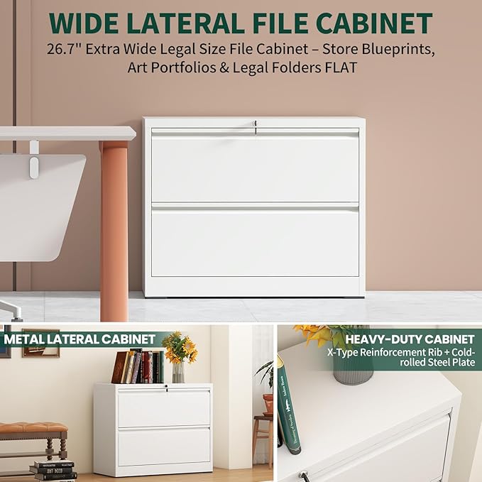 2 Drawer Lateral File Cabinet with Lock, 26.7"W File Cabinets for Home Office, Office Furniture for Organization Hanging Legal/Letter/A4, Metal Filing Cabinet Storage Cabinet, Require Assembly, White