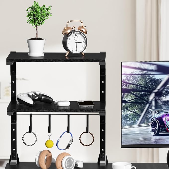 AUATRONNE Clamp-on Desk Shelf, 13 inch Above or Below Desk 2-Tier Shelving, Adjustable Metal Storage Tray for Gaming Devices or Office Desk Accessories and More, Black, Patent Pending