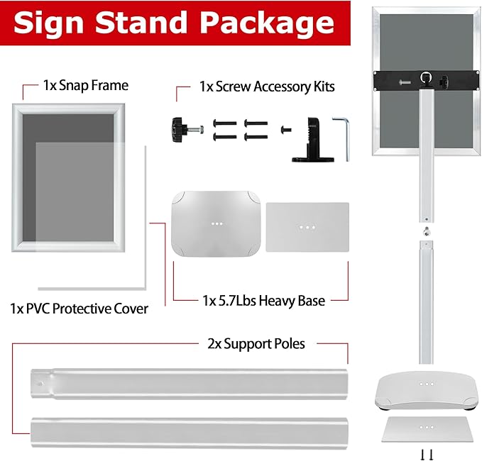 VAIIGO Heavy Duty Standing Sign Holder 11x17 Inch - Pedestal Floor Sign Stand with Weighted Base - Vertical & Horizontal View Poster/Menu Holder for Indoor/Outdoor Business Store Advertising, Silver