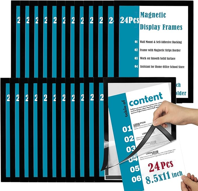 JIUYE 24Pcs 8.5x11 Magnetic Sign Holder Wall Mount,Self-Adhesive Plastic Display Frames,Clear PVC Sign Holder with Magnet Strip Border for Window/Door/Fridge/Document Notice Paper,Black