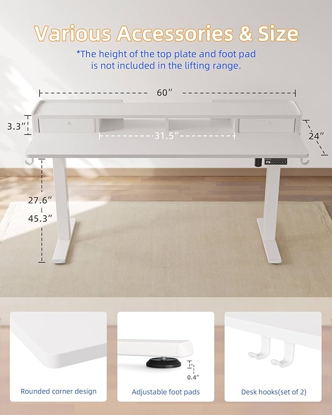 YIHAYO Electric Standing Desk with Drawers, 60 x 24 Inches Adjustable Desk with Storage Shelf, Computer Table with Splice Board for Home Office,White Frame/White Top