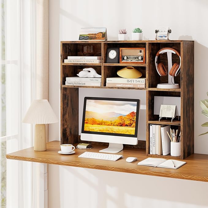 Tangkula Desktop Bookshelf, 37" Countertop Storage Hutch with 7 Cubes & 3 Adjustable Shelves, 3-Tier Desk Display Rack Organizer, Multipurpose Wood Desktop Hutch for Dorm Home Office (Rustic Brown)