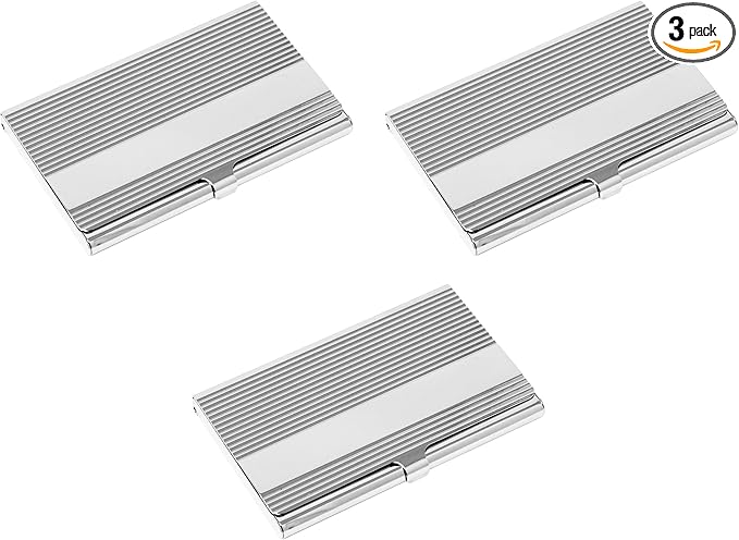 Stephanie Imports Set of 3 Slim & Minimalist Metal Business Card Holder Unisex Case (Silver Band Ridges)