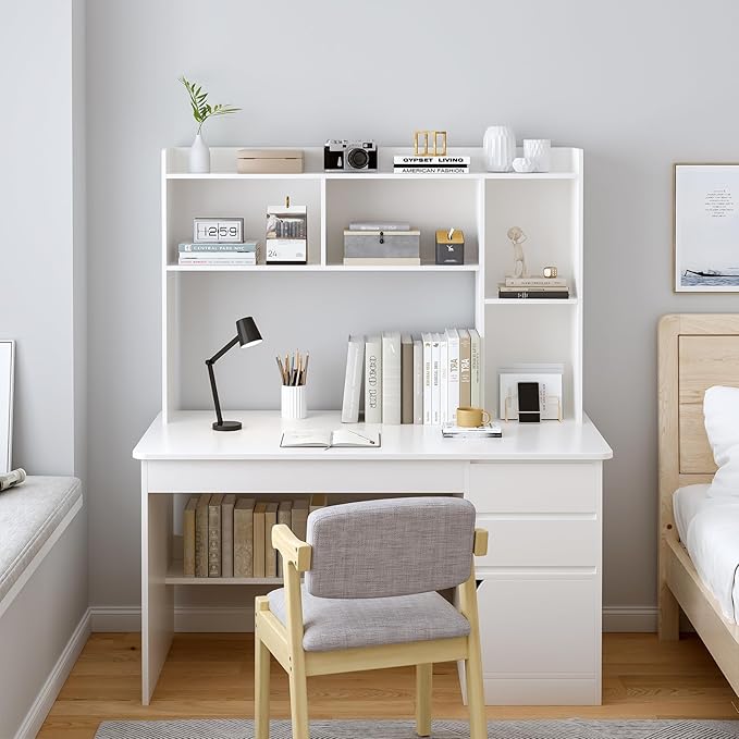 OSCHF Wooden Desktop Hutch Bookshelf - Free Standing Desk Storage Shelf with Top Edge for Computer Desk, Desktop Bookcase for Dorm, Home or Office, Countertop Organizer, White, 53.2"