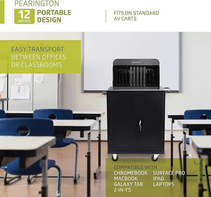 Pearington 12 Device Portable Charging Station for Tablets, iPads, Chromebooks, and Laptop Computers with Lock, Surge Protection, for Classroom or Office