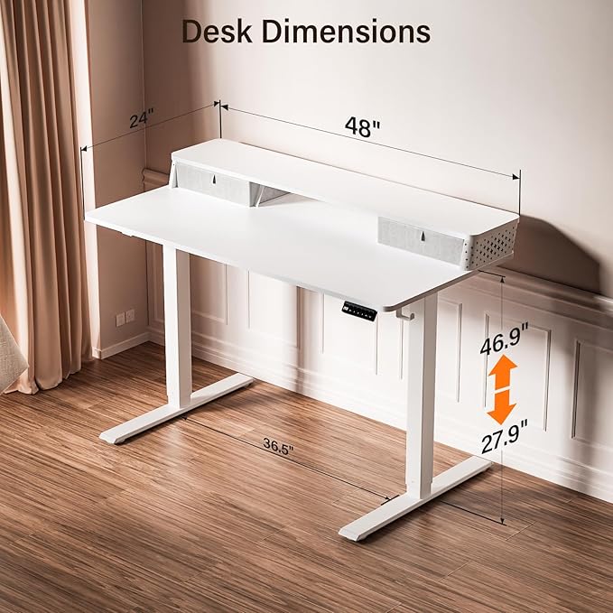 Kingant 48 x 24 Inch Electric Standing Desk with Dual Drawers, Height Adjustable Sit to Stand Computer Desk with Storage Shelf and C-Clamp Mount Compatibility for Home Office, White