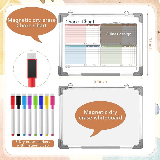 Lincia Magnetic Dry Erase Chore Chart Board for Multi-Person Households 24"x18" Double Side Family 2 in 1 Combo Chore Board for Wall Aluminum Frame 8 Markers 1 Eraser(Double Style)