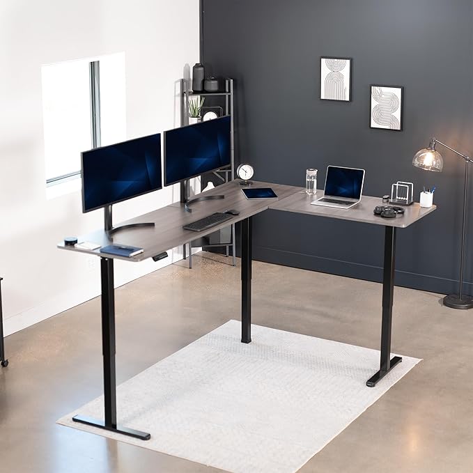 VIVO Electric Corner 84 x 63 inch L-Shaped Standing Desk, Memory Height Adjustment, Dark Gray Top Black Frame, DESK-E3CTBG-84