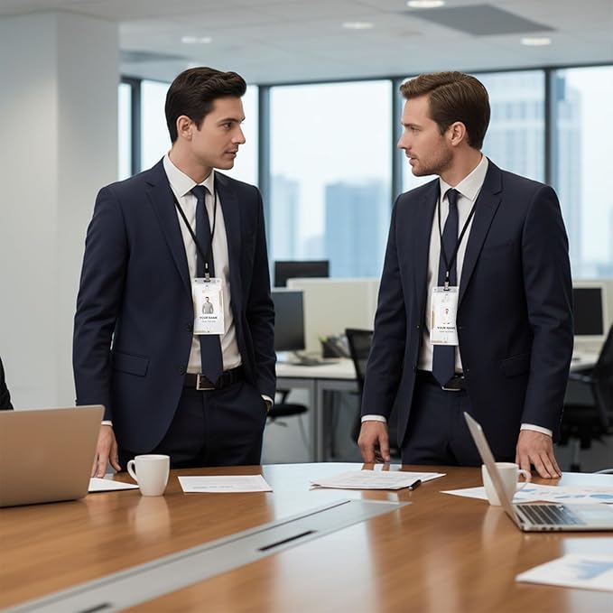 IMengjbang 50 Pack Hard Plastic Badge Holder, Vertical Clear ID Badge Name Card Holder with Easy Access Thumb Slot and Slot & Chain Holes for Office School IDs Credit Cards Driver’s Licenses and Passe