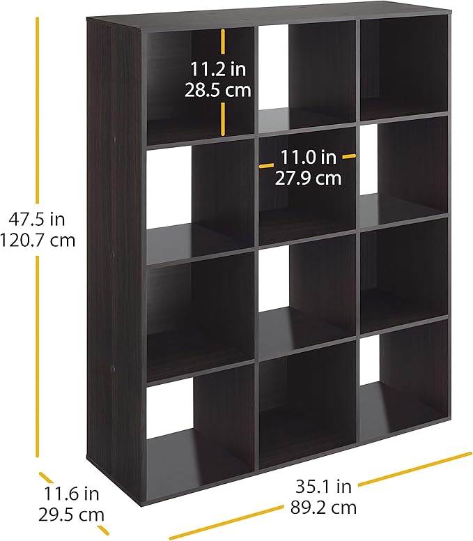 Whitmor 12 Cube Bookcase, 4 Tier Stackable MDF Bookself, Open Storage Display Organizer, Storage Cabinet for Living Room, Bedroom, Home, Office, 35.1" L x 11.7" W x 47.5" H, Espresso