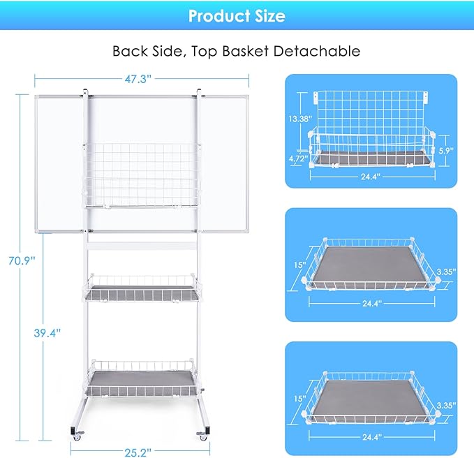 maxtek Rolling Whiteboard, 48x32 Large Magnetic White Board with Stands, Big White Board Dry Erase on Wheels with Baskets for Classroom, Office, Homeschool, Home Office