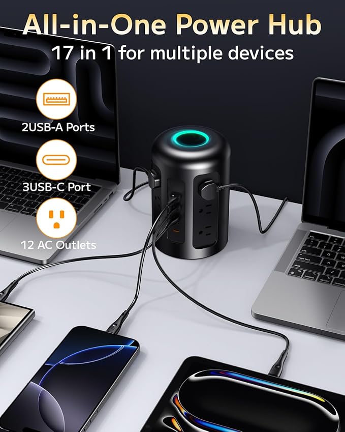 Yegosh Power Strip Tower Surge Protector with 12 AC Outlets & 5 USB Ports (2 USB C), 5 Feet Extension Cord with Multiple Outlets, Keyhole Slots, Charging Station Desk Supplies for Home Office Dorm