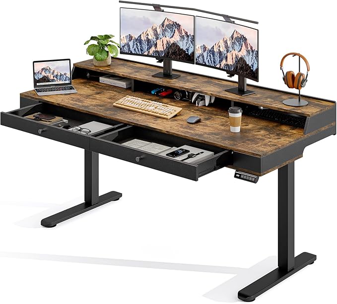 Standing Desk with Drawers, 47x23.6" Whole Piece Electric Stand Up Desk with Storage Shelf and Memory Controller, Sit Stand Desk Adjustable Height from 28-46" for Computer Workstation, Rustic Brown
