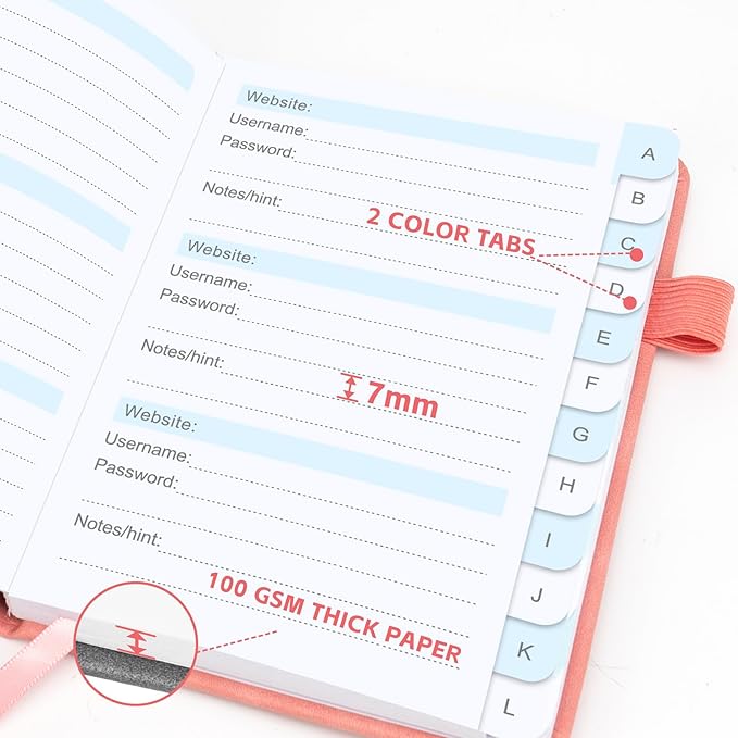 Password Keeper Book with Alphabetical Tabs，4.3"x5.7" Small Password Books for Seniors Password Notebook for Internet Website Address Log in Detail (Pink)
