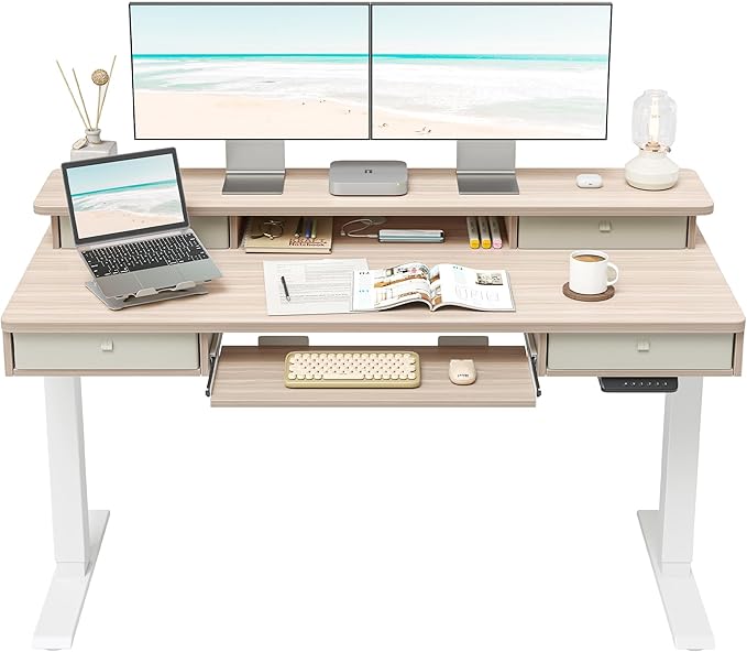 FEZIBO 55'' x 24" Height Adjustable Electric Standing Desk with 4 Drawers and Keyboard Tray, Home Office Table for Work, Study, Gaming, Writing, Light Walnut