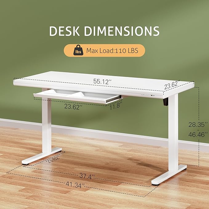Furmax Electric Standing Desk with Drawers, Adjustable Height Home Office Sit Stand Desk with One-Piece Desktop & USB Charging Port for Computer Desks (White Desktop, 55 Inch)