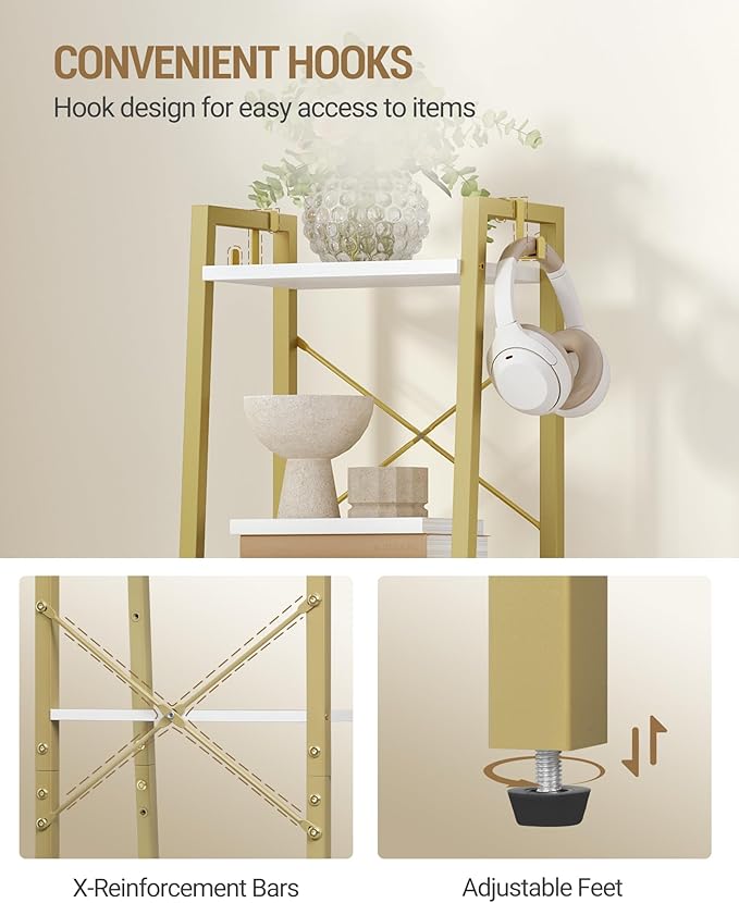 Hzuaneri Ladder Shelf, Bookshelf Bookcase, Freestanding Corner Storage Shelve with 2 Hooks for Home Office, Living Room, Kitchen, Bedroom, Industrial, 11.8" D x 13.4" W x 47.2" H, White Gold BC13213G