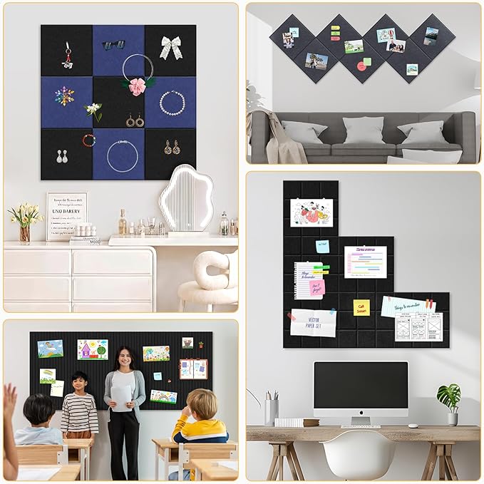 Smarpau Large Cork Board for Walls, 12 Pack Square Bulletin Board, 48"x36" Pin Board with Pushpins Removable Security Stickers, Felt Wall Tiles for Office Home Decoration-Deep Grey