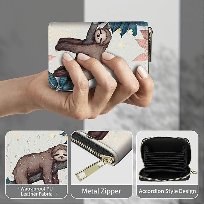 BWEGRHE Cute Credit Card Holder with Zipper, Sloth RFID-Blocking Card Case Small Wallet for Women Men, Multi-slot Card Organizer Case Travel Accordion Wallet