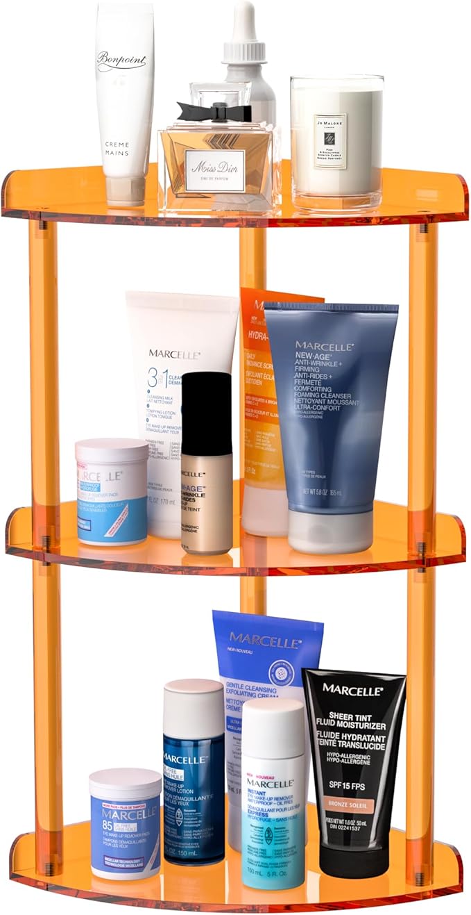 Sezanrpt 3 Tier Countertop Corner Organizer Shelf 7x7x15.7 Inch, Orange Countertop Acrylic Bathroom Corner Shelf, Vanity Storage Organizer for Cosmetics, Toiletries