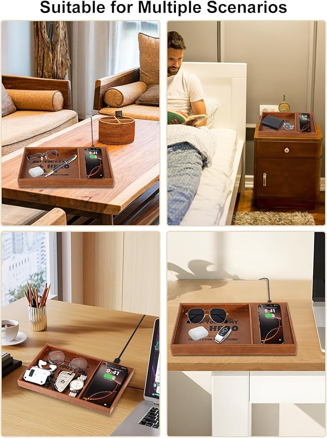 Valet Tray, Built-in Wireless Charger, Nightstand Organizer, Dresser Organizer, Mens Jewelry Box, Valet Charging Station, Gifts for Dad from Daughter Son Wife, Brown