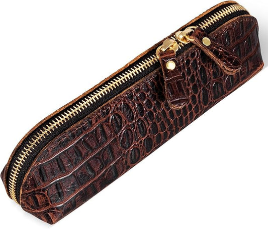 Gexmil Genuine Leather Pen Case, Full Grain Leather Pencil Holder, Hand-made Stationery Bag for Work & Office, Vintage Style, Crocodile Brown