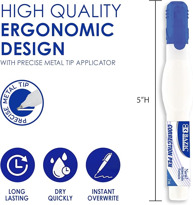 BAZIC Products Correction Pen - Corrections Fluid, Precise Metal Tip White Out, Ideal for School & Office Supplies, Alternative to Correction Solution, 2/Pack, 24-Packs