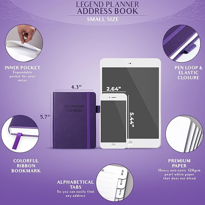 Legend Planner Address Book with Alphabetical Tabs – Mini Telephone Contacts Book for Phone Numbers, Addresses, Passwords, Small (Purple)