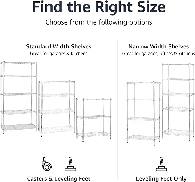 Amazon Basics 5-Shelf Adjustable, Storage Shelving Unit, (200 Pound Loading Capacity per Shelf), Steel Organizer Wire Rack, 23.2 x 13.4 x 60 inches (LxWxH), Chrome